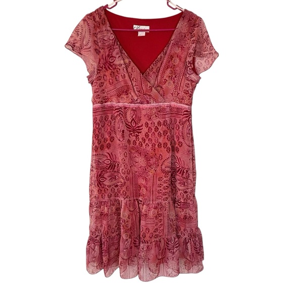 Vintage Y2K Dressbarn Paisley Tiered Boho Mini Dress Pink Made USA Small / Med - Picture 3 of 13